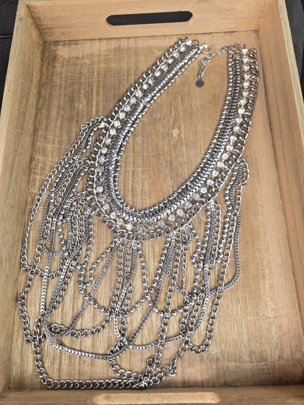 VINTAGE MCM Bib multi-strand Silver Necklace w/ 49 Crystals perfect condition